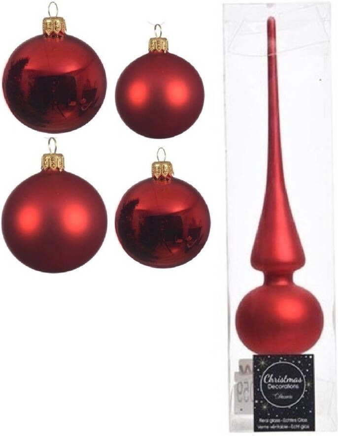 Decoris Glazen kerstballen pakket kerstrood glans mat 38x stuks 4 en 6 cm met piek mat Kerstbal