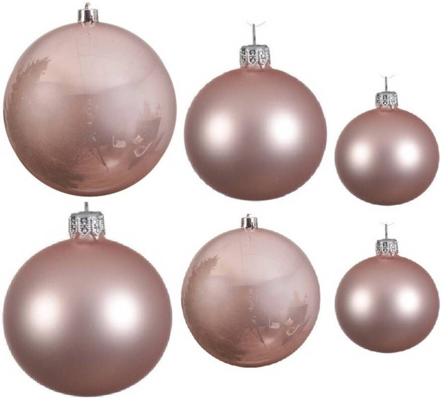 Decoris Glazen kerstballen pakket lichtroze glans mat 16x stuks diverse maten Kerstbal