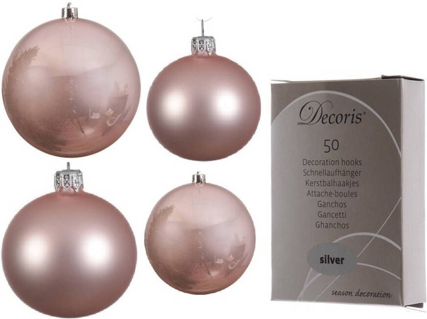 Decoris Glazen kerstballen pakket lichtroze glans mat 38x stuks 4 en 6 cm inclusief haakjes Kerstbal