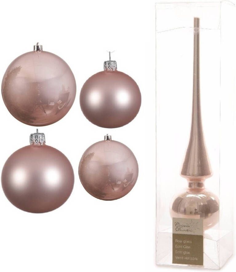 Decoris Glazen kerstballen pakket lichtroze glans mat 38x stuks 4 en 6 cm met piek glans Kerstbal