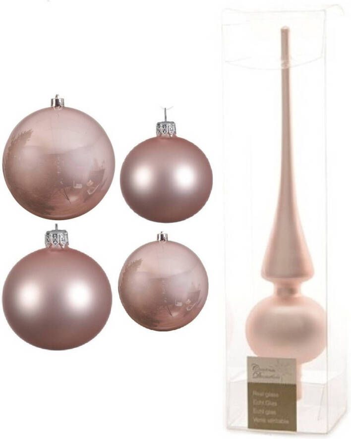 Decoris Glazen kerstballen pakket lichtroze glans mat 38x stuks 4 en 6 cm met piek mat Kerstbal