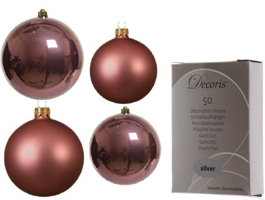 Decoris Glazen kerstballen pakket oud roze glans mat 38x stuks 4 en 6 cm inclusief haakjes Kerstbal
