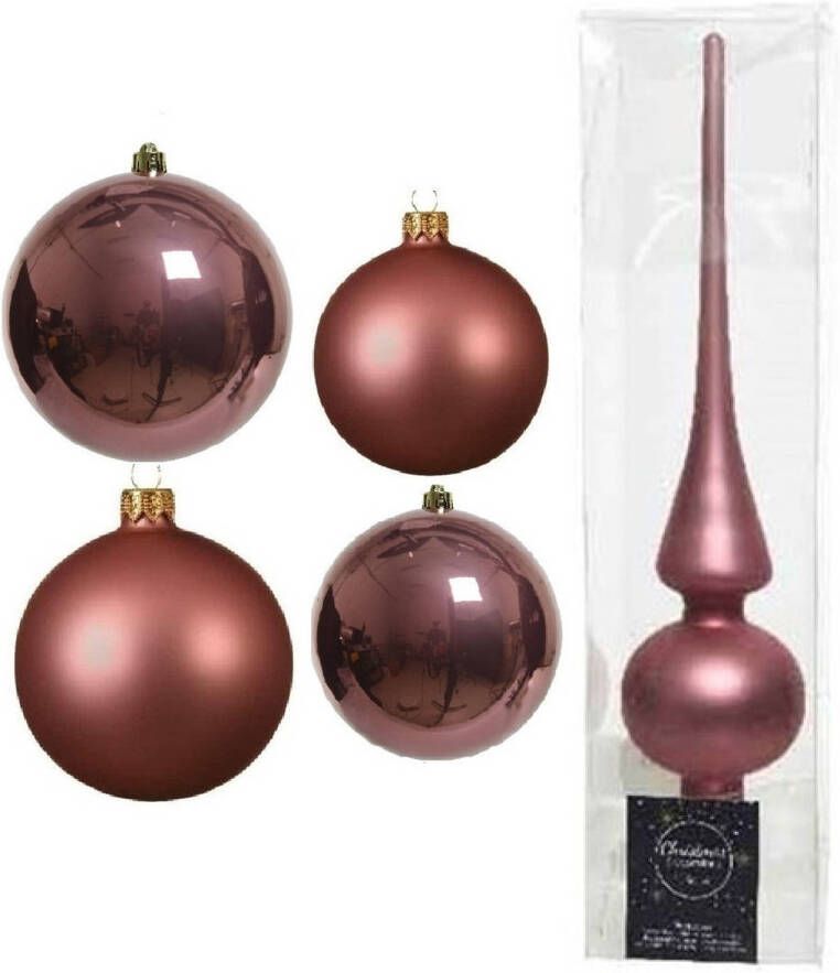 Decoris Glazen kerstballen pakket oud roze glans mat 38x stuks 4 en 6 cm met piek mat Kerstbal