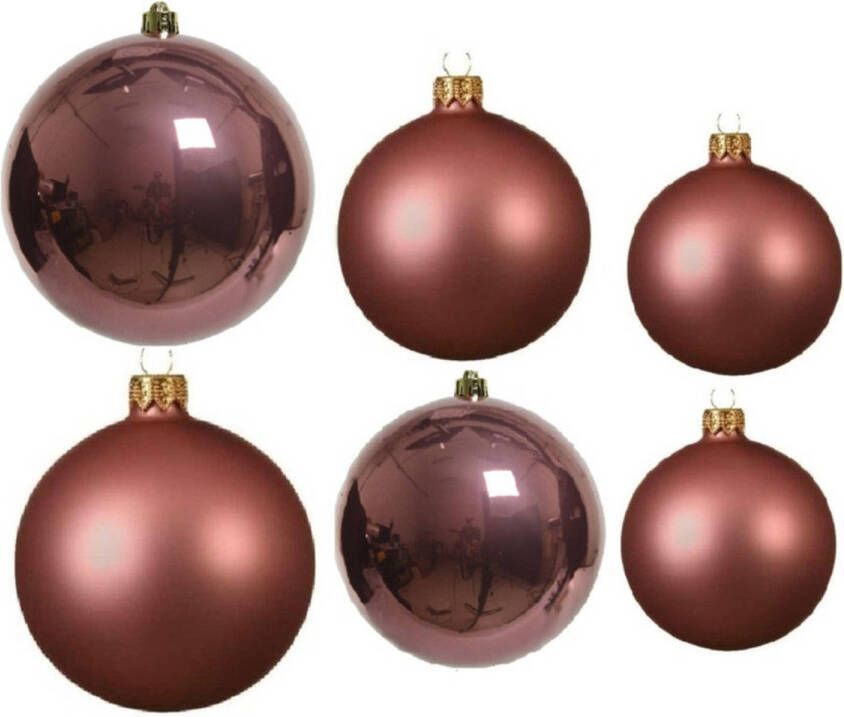 Decoris Glazen kerstballen pakket oudroze glans mat 16x stuks diverse maten Kerstbal