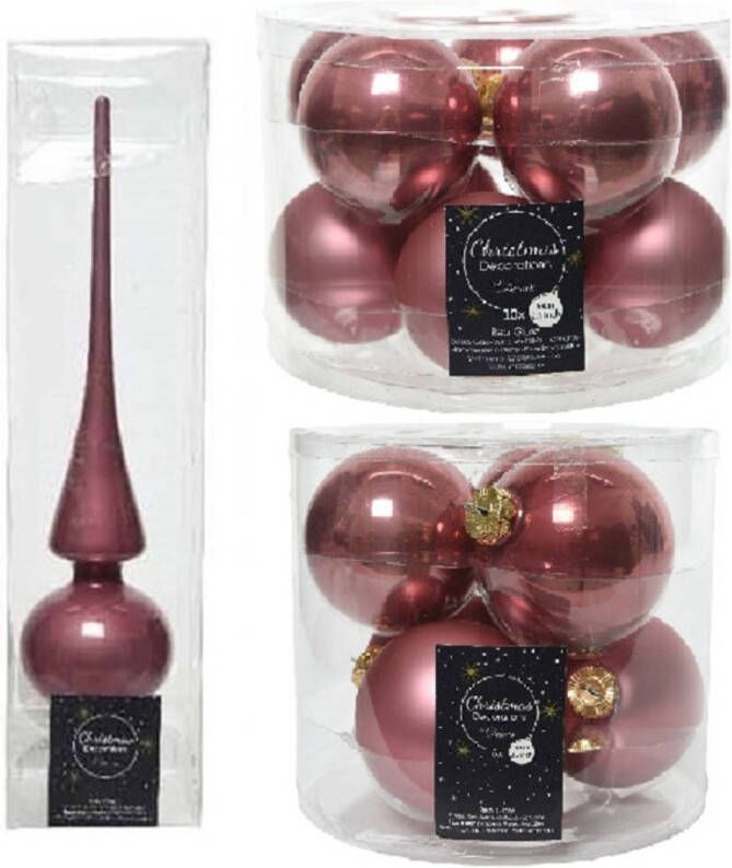 Decoris Glazen kerstballen pakket oudroze glans mat 32x stuks inclusief piek glans Kerstbal