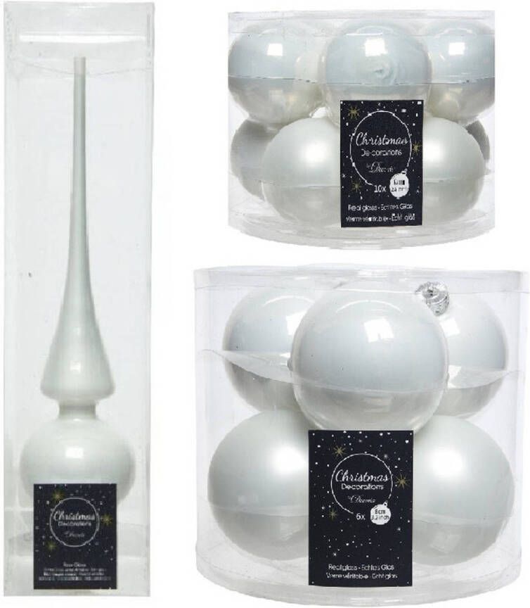 Decoris Glazen kerstballen pakket winter wit glans mat 32x stuks inclusief piek glans Kerstbal