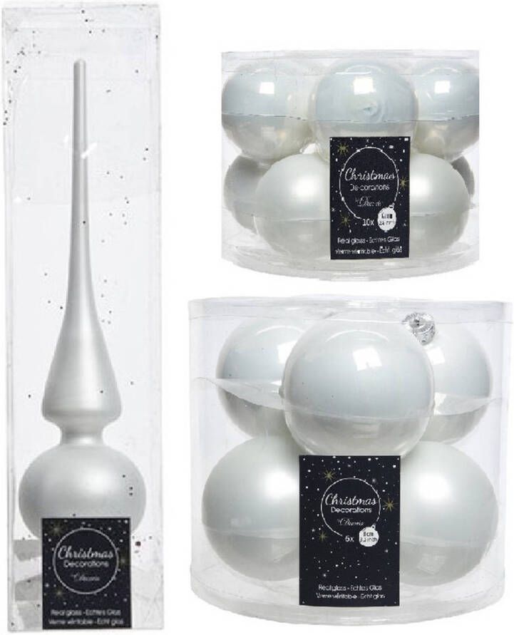 Decoris Glazen kerstballen pakket winter wit glans mat 32x stuks inclusief piek mat Kerstbal