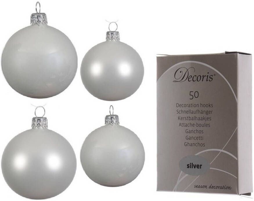 Decoris Glazen kerstballen pakket winter wit glans mat 38x stuks 4 en 6 cm inclusief haakjes Kerstbal