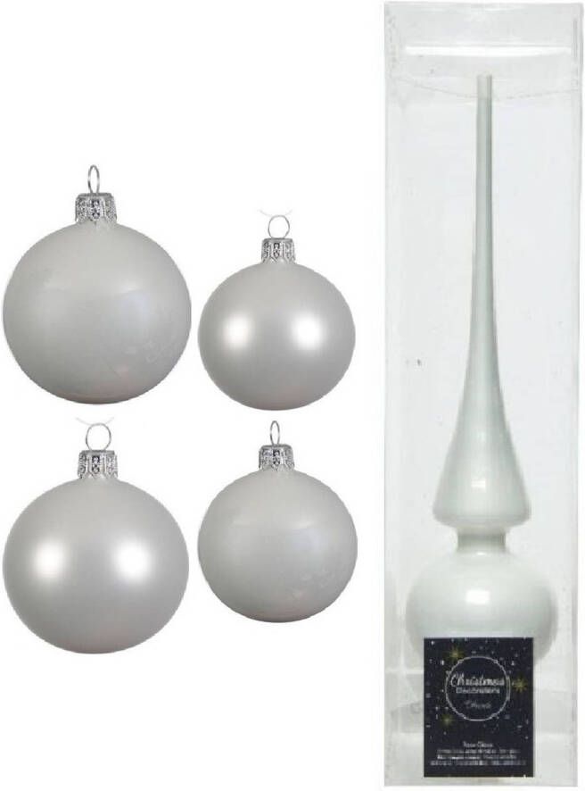 Decoris Glazen kerstballen pakket winter wit glans mat 38x stuks 4 en 6 cm met piek glans Kerstbal