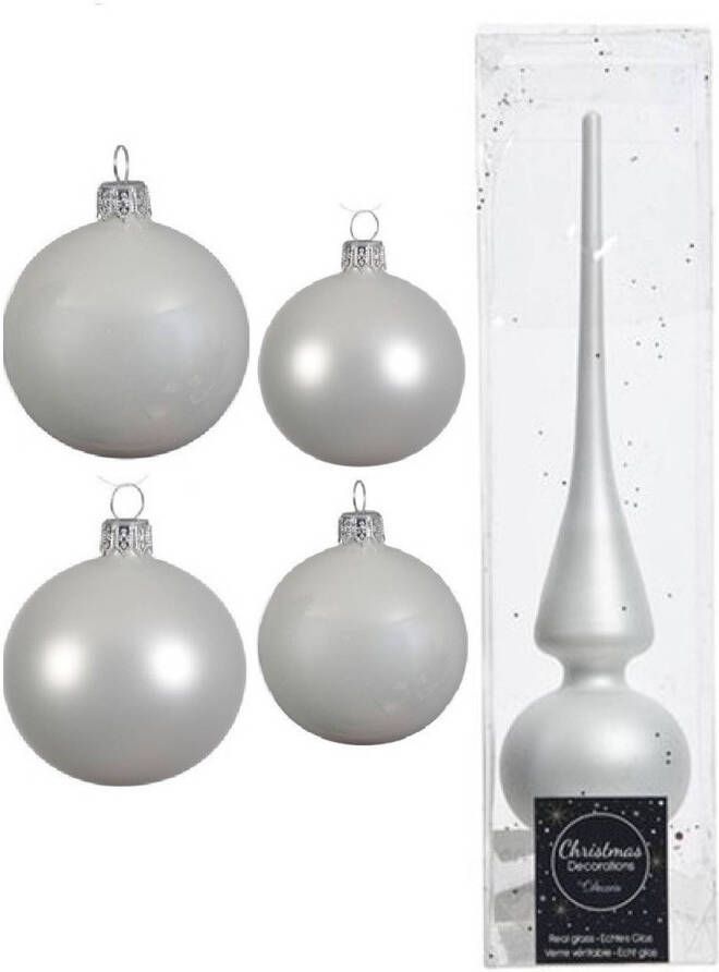 Decoris Glazen kerstballen pakket winter wit glans mat 38x stuks 4 en 6 cm met piek mat Kerstbal