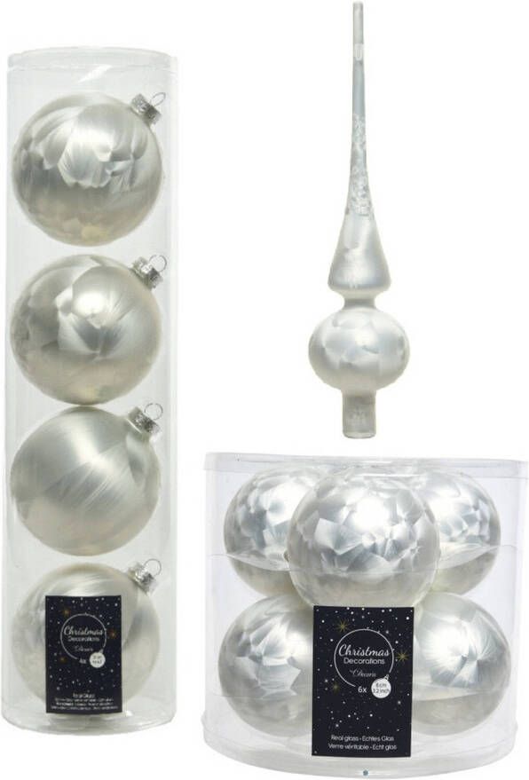 Decoris Glazen kerstballen pakket wit ijslak 10x stuks inclusief piek Kerstbal