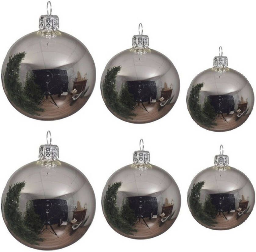 Decoris Glazen kerstballen pakket zilver glans 16x stuks diverse maten Kerstbal