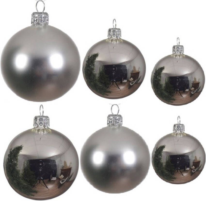 Decoris Glazen kerstballen pakket zilver glans mat 16x stuks diverse maten Kerstbal