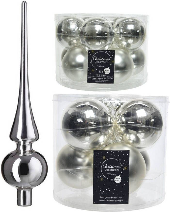 Decoris Glazen kerstballen pakket zilver glans mat 32x stuks inclusief piek glans Kerstbal