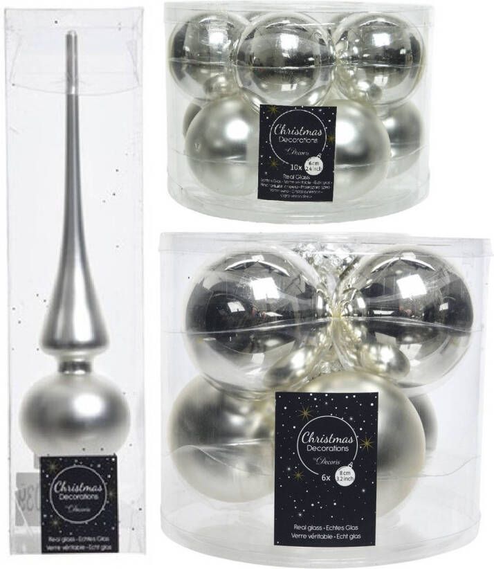Decoris Glazen kerstballen pakket zilver glans mat 32x stuks inclusief piek mat Kerstbal