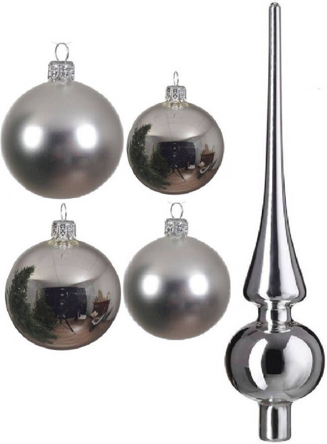 Decoris Glazen kerstballen pakket zilver glans mat 38x stuks 4 en 6 cm met piek glans Kerstbal