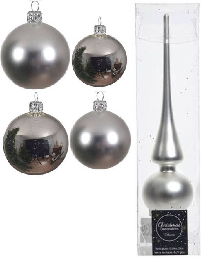 Decoris Glazen kerstballen pakket zilver glans mat 38x stuks 4 en 6 cm met piek mat Kerstbal
