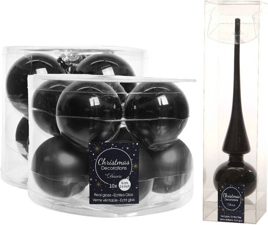 Decoris Glazen kerstballen pakket zwart glans mat 32x stuks inclusief piek glans Kerstbal