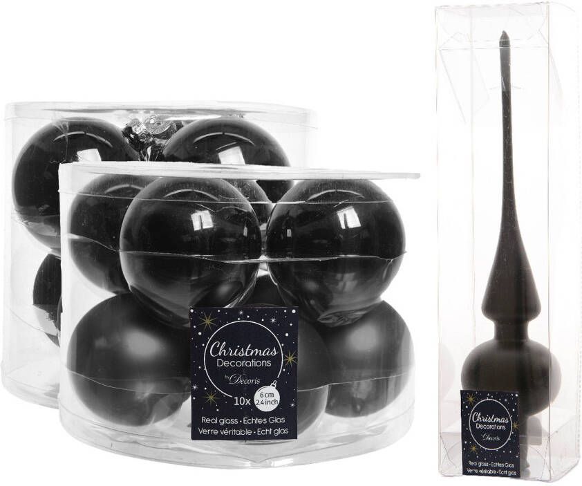 Decoris Glazen kerstballen pakket zwart glans mat 32x stuks inclusief piek mat Kerstbal