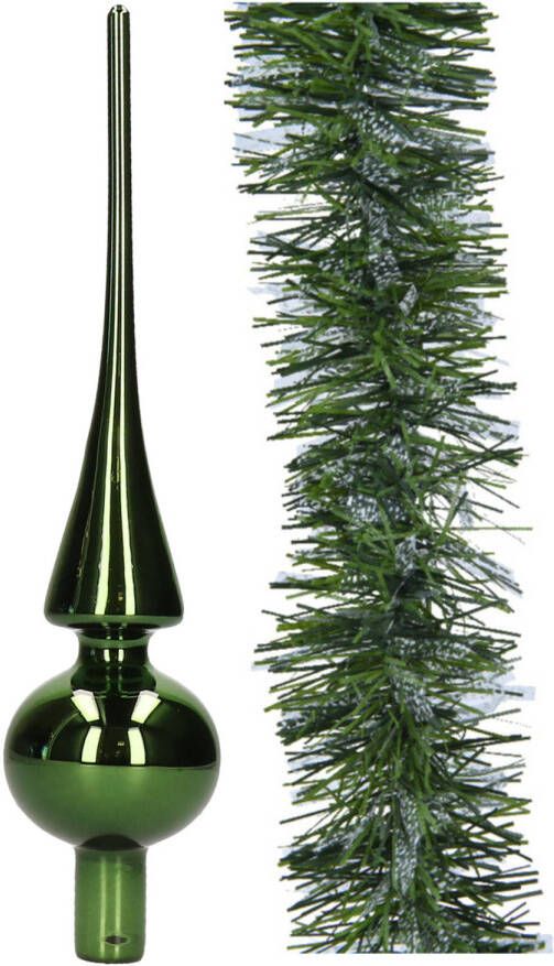 Decoris Glazen piek 26 cm glans met kerstslinger 270 cm donkergroen kerstboompieken