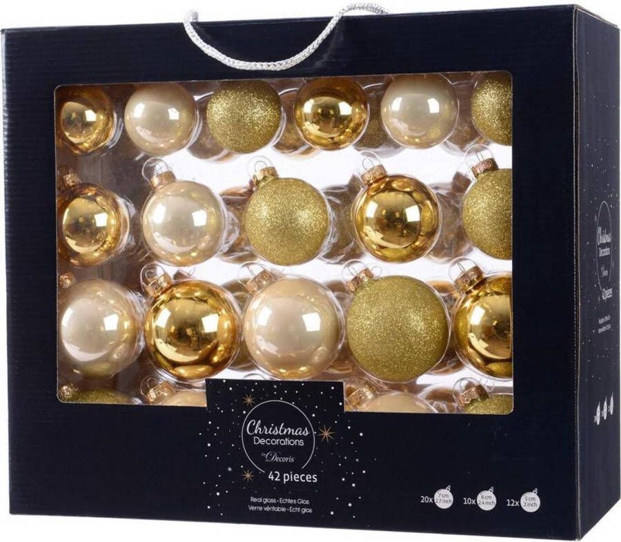 Decoris Glazen kerstballen mix goud champagne 42 delig glimmend en glitter Kerstbal