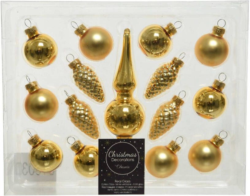 Decoris Gouden glazen kerstballen 3 cm en piek set voor mini kerstboom 15-dlg Kerstbal