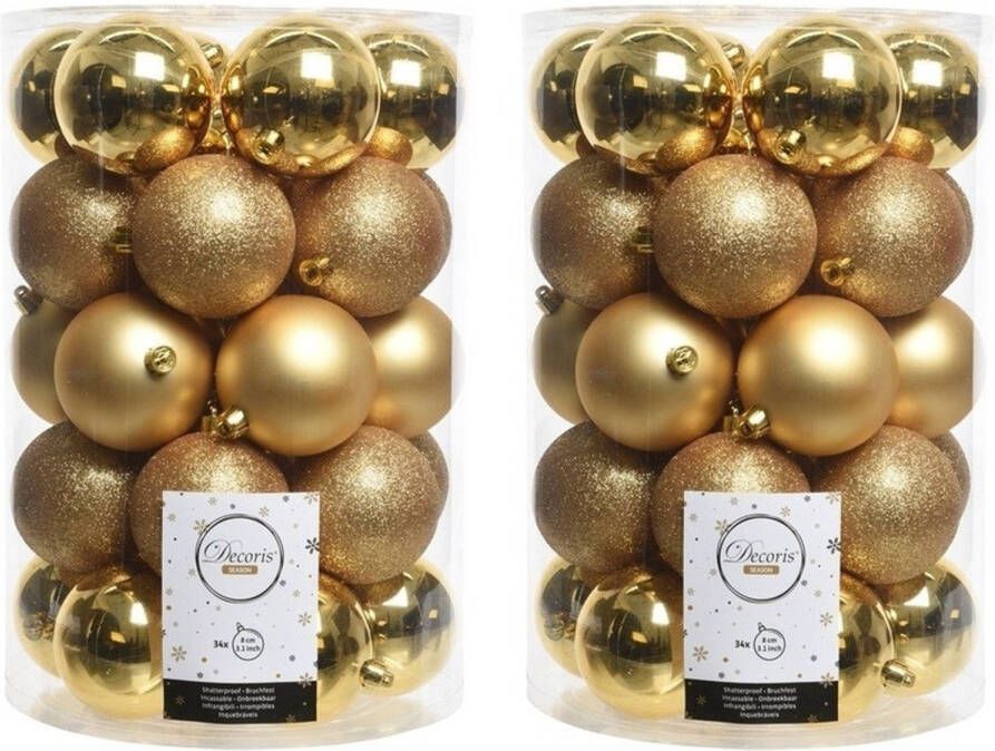 Decoris 68x Gouden kerstversiering kerstballenset kunststof 8 cm Kerstbal