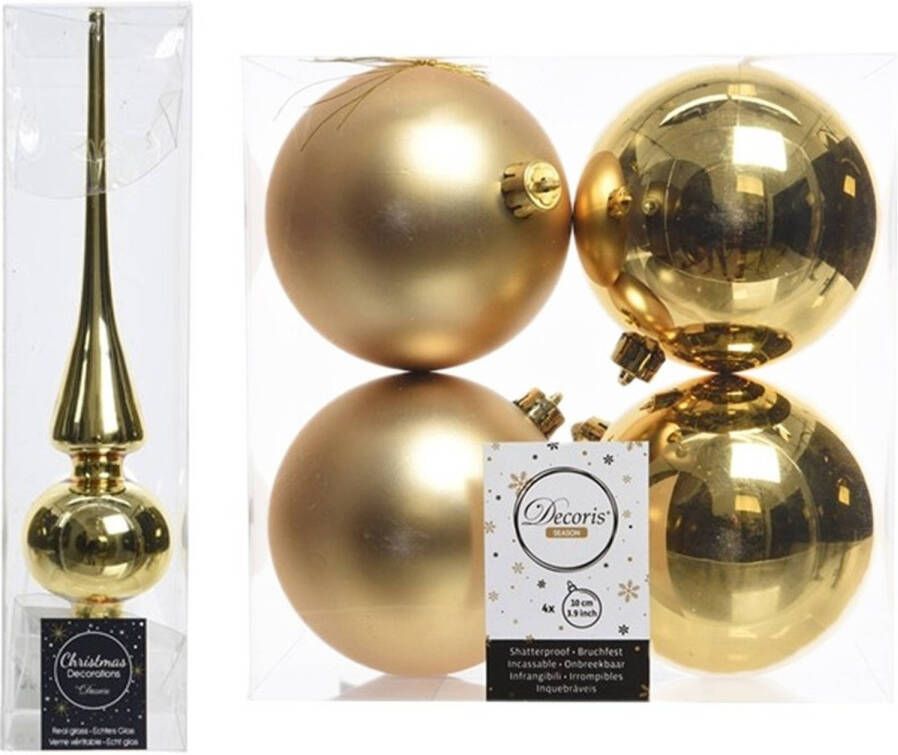 Decoris Gouden kerstversiering kerstdecoratie set piek en 4x kerstballen 10 cm glans mat Kerstbal
