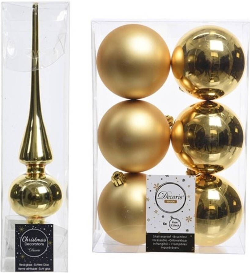 Decoris Gouden kerstversiering kerstdecoratie set piek en 6x kerstballen 8 cm glans mat Kerstbal