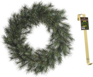 Decoris Groene kerstkrans 50 cm Malmo voor de deur poort met gouden hanger Kerstkransen