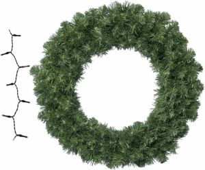 Decoris Groene kerstkrans dennenkrans deurkrans 50 cm inclusief helder witte verlichting Kerstkransen