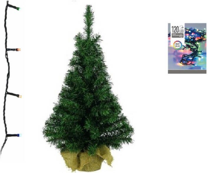 Decoris Groene kunst kerstboom 90 cm inclusief gekleurde kerstverlichting Kunstkerstboom