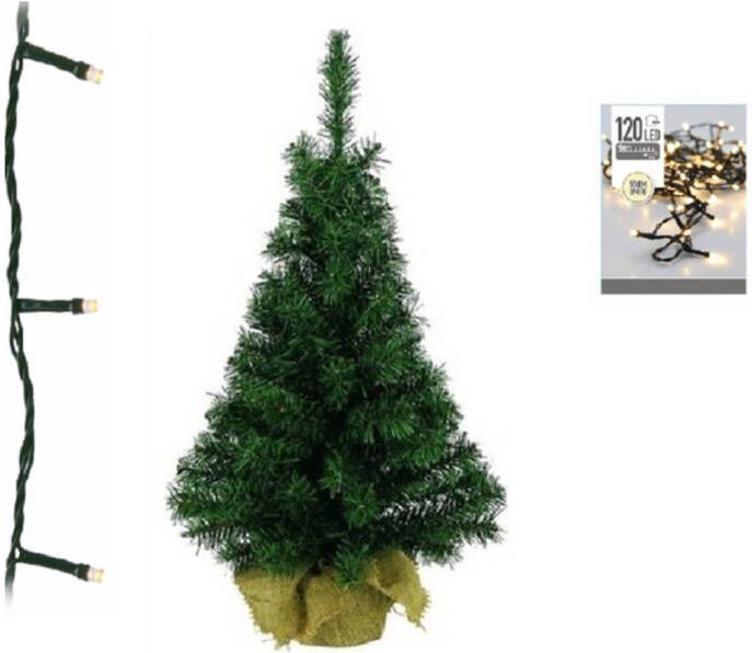 Decoris Groene kunst kerstboom 90 cm inclusief warm witte kerstverlichting Kunstkerstboom