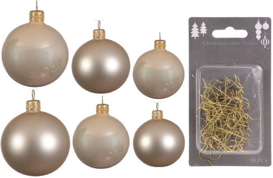 Decoris Groot pakket glazen kerstballen 50x champagne glans mat 4-6-8 cm incl haakjes Kerstbal