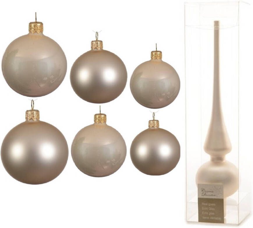 Decoris Groot pakket glazen kerstballen 50x champagne glans mat 4-6-8 cm met piek mat Kerstbal