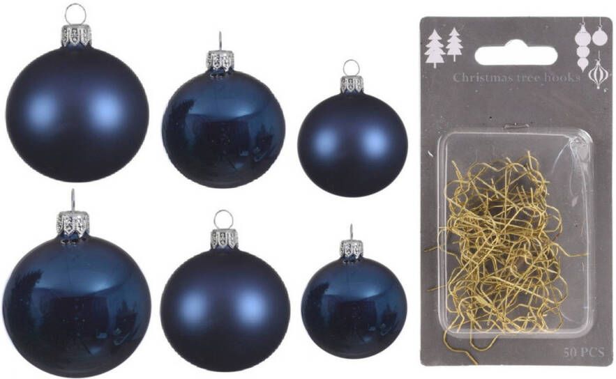 Decoris Groot pakket glazen kerstballen 50x donkerblauw glans mat 4-6-8 cm incl haakjes Kerstbal