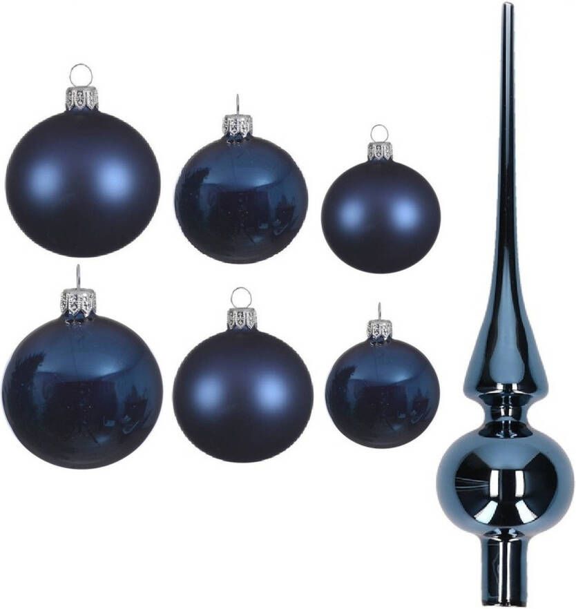 Decoris Groot pakket glazen kerstballen 50x donkerblauw glans mat 4-6-8 cm met piek glans Kerstbal