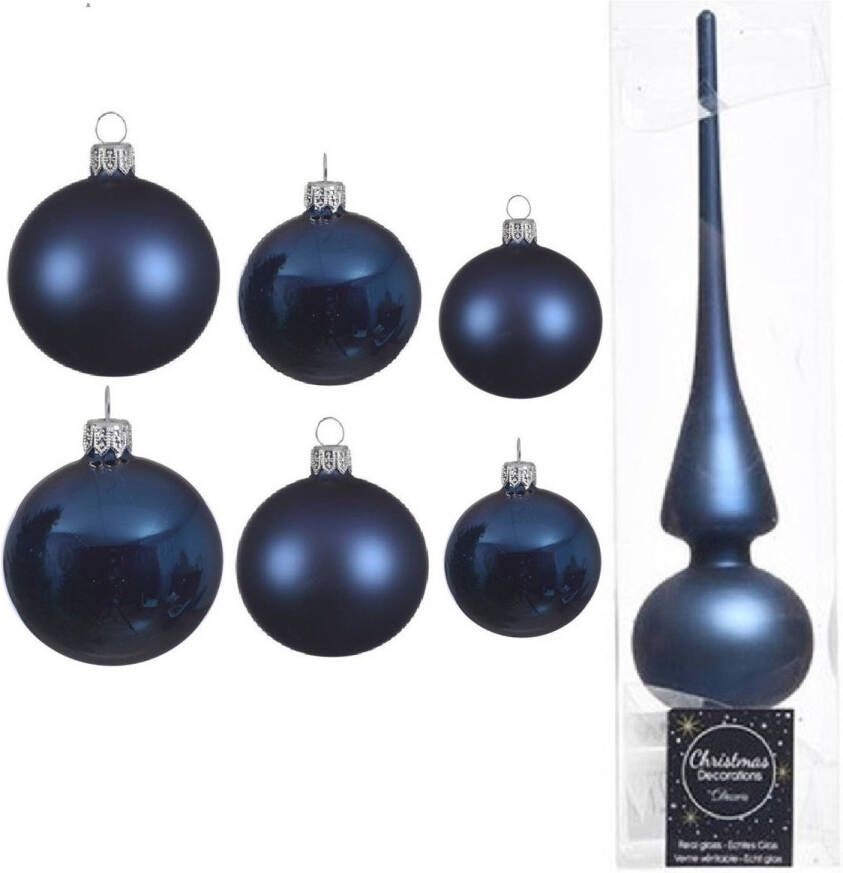 Decoris Groot pakket glazen kerstballen 50x donkerblauw glans mat 4-6-8 cm met piek mat Kerstbal