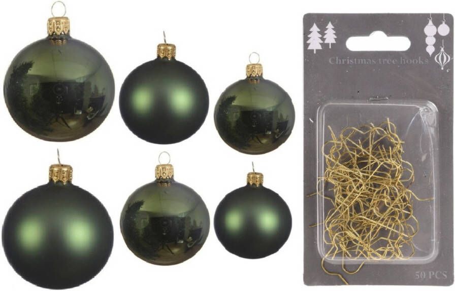 Decoris Groot pakket glazen kerstballen 50x donkergroen glans mat 4-6-8 cm incl haakjes Kerstbal