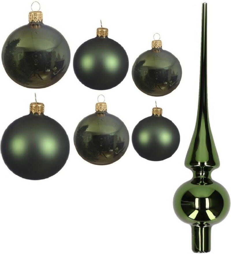 Decoris Groot pakket glazen kerstballen 50x donkergroen glans mat 4-6-8 cm met piek glans Kerstbal