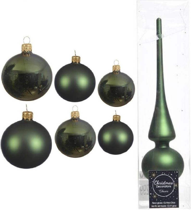 Decoris Groot pakket glazen kerstballen 50x donkergroen glans mat 4-6-8 cm met piek mat Kerstbal