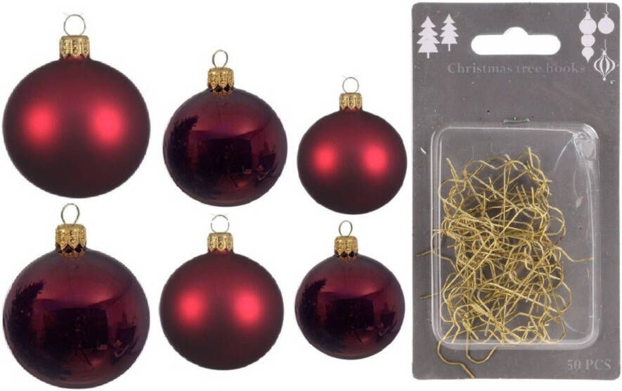 Decoris Groot pakket glazen kerstballen 50x donkerrood glans mat 4-6-8 cm incl haakjes Kerstbal