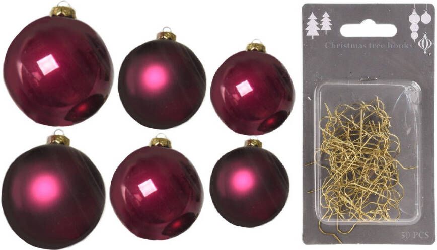 Decoris Groot pakket glazen kerstballen 50x framboos roze glans mat 4-6-8 cm incl haakjes Kerstbal