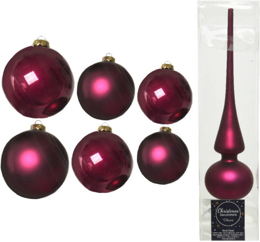Decoris Groot pakket glazen kerstballen 50x framboos roze glans mat 4-6-8 cm met piek mat Kerstbal