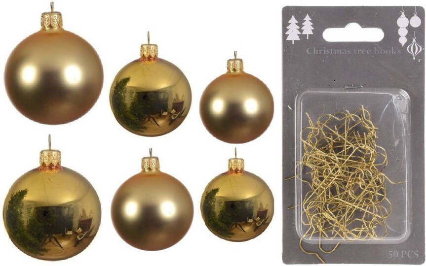 Decoris Groot pakket glazen kerstballen 50x goud glans mat 4-6-8 cm incl haakjes Kerstbal