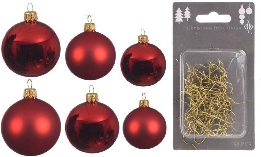 Decoris Groot pakket glazen kerstballen 50x kerstrood glans mat 4-6-8 cm incl haakjes Kerstbal