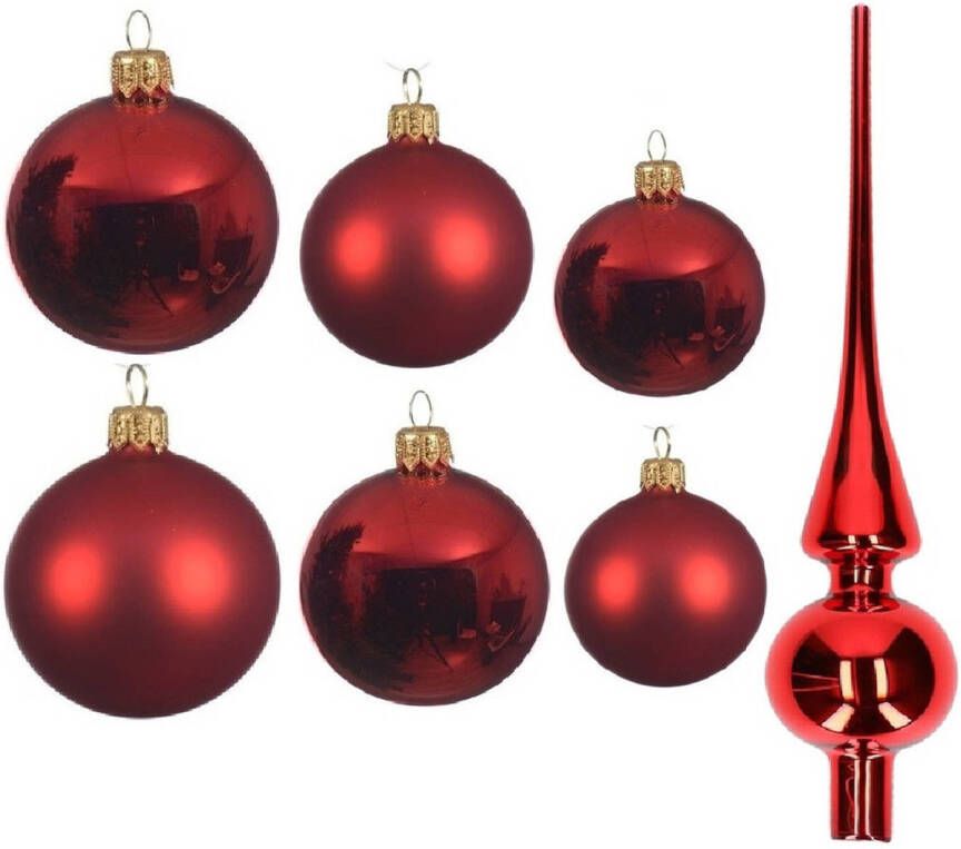 Decoris Groot pakket glazen kerstballen 50x kerstrood glans mat 4-6-8 cm met piek glans Kerstbal