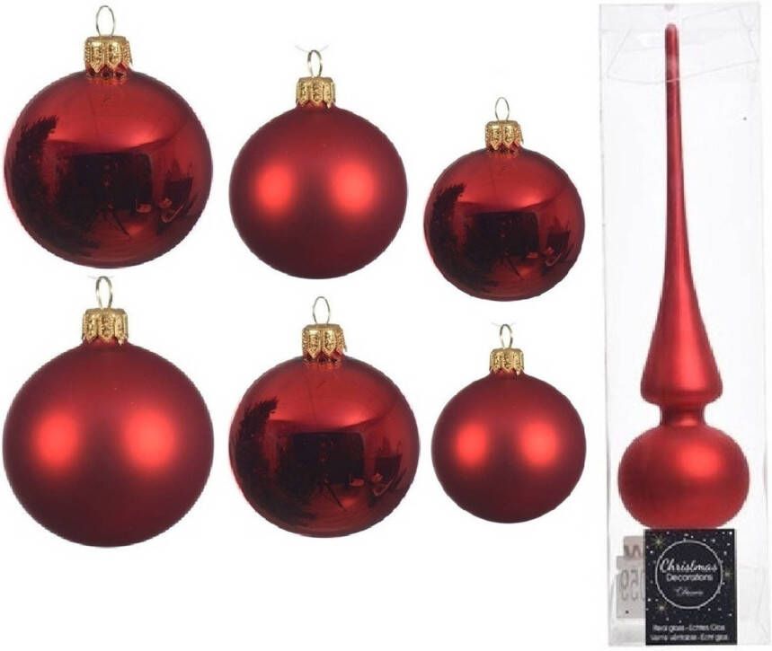 Decoris Groot pakket glazen kerstballen 50x kerstrood glans mat 4-6-8 cm met piek mat Kerstbal