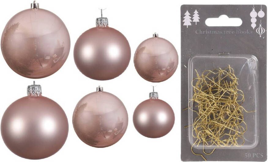 Decoris Groot pakket glazen kerstballen 50x lichtroze glans mat 4-6-8 cm incl haakjes Kerstbal