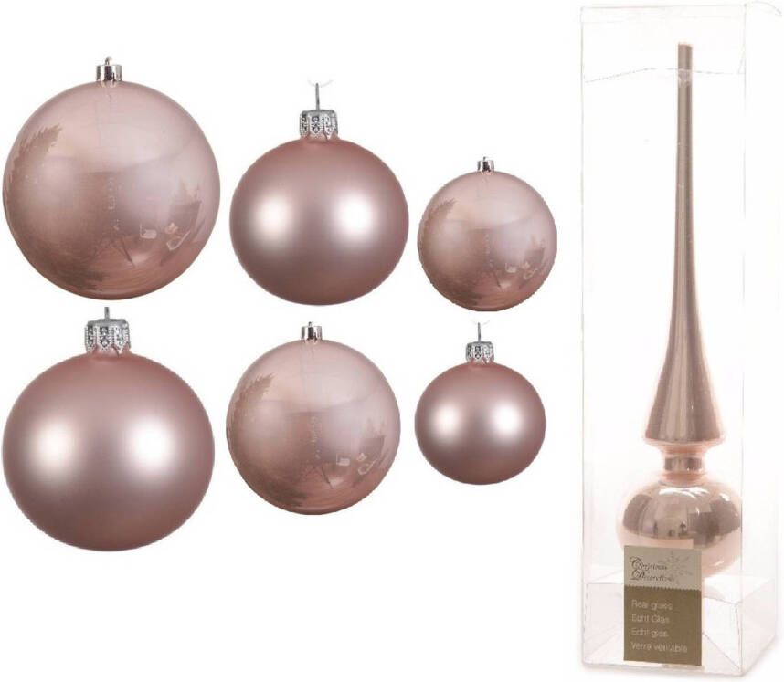 Decoris Groot pakket glazen kerstballen 50x lichtroze glans mat 4-6-8 cm met piek glans Kerstbal